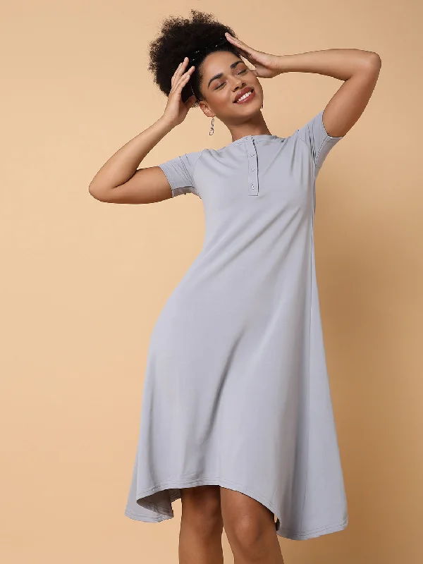 Women Solid Grey Midi A Line Dress-AE-15890-Grey