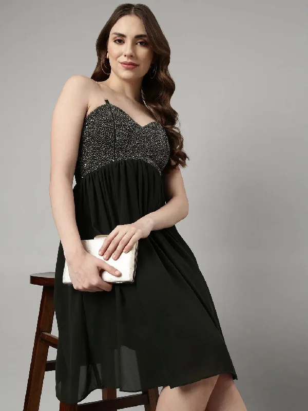 Women Olive Embellished Fit and Flare Dress-KW-6255-Olive