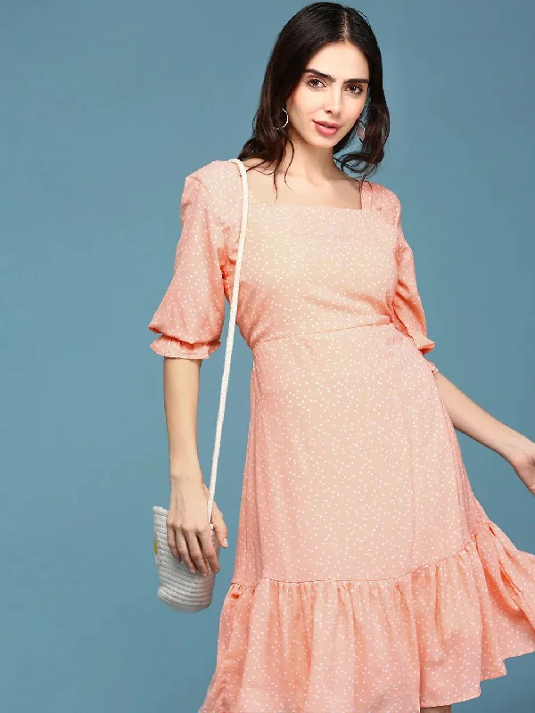 Women's Peach Printed Fit and Flare Dress-AE-15847-Peach