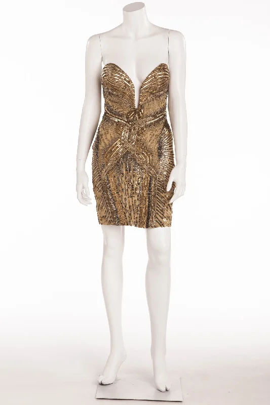 Roberto Cavalli - Gold Strapless Embellished Mini Dress -