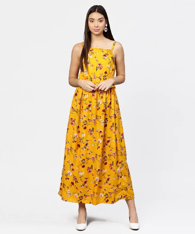 Women's Yellow Printed Shoulder Strapped With A Gather Neckline Maxi Dress - Nayo Clothing