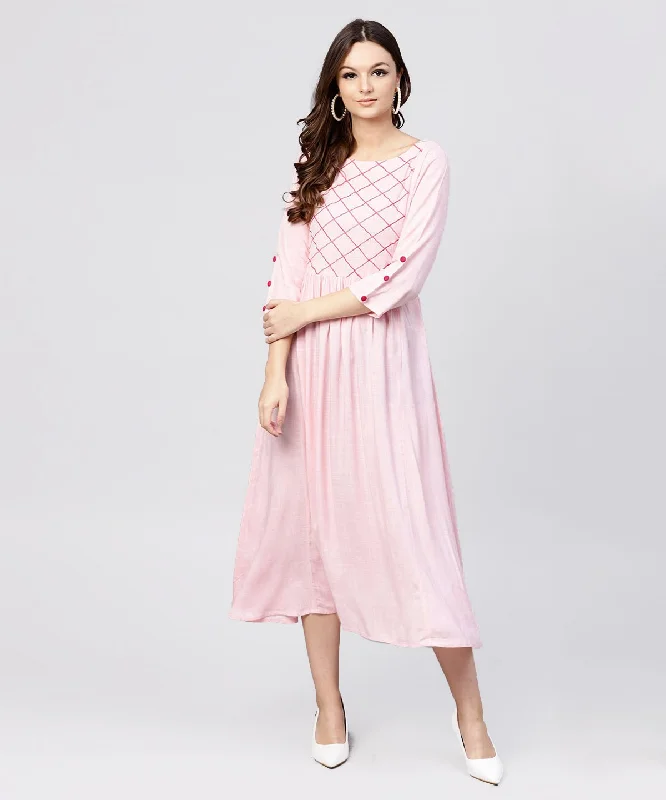 Women's Rayon Pink Embroidered Full Sleeves Pleated Maxi Dress - Nayo Clothing