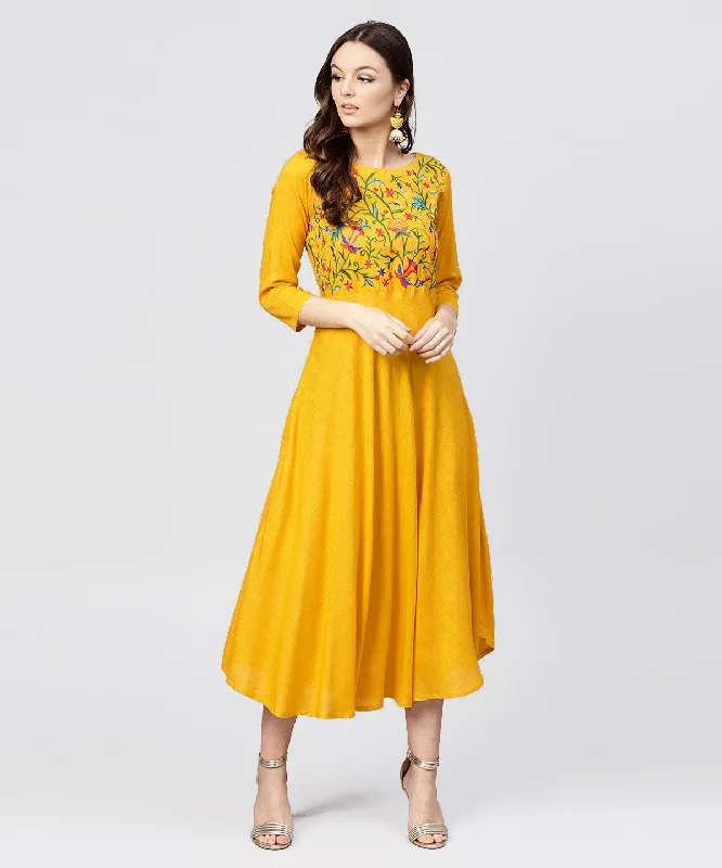 Women's Yellow Round Neck Embroidered Full Sleeves Rayon Maxi Dress - Nayo Clothing