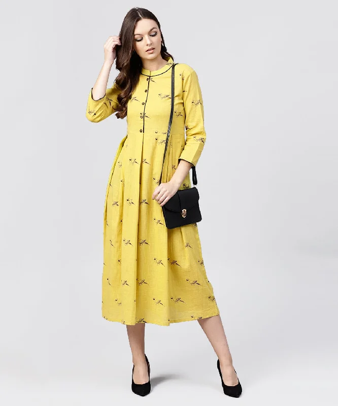 Women's Mustard Full Sleeves Cotton Maxi Dress With Madarin Collar And Front Placket - Nayo Clothing