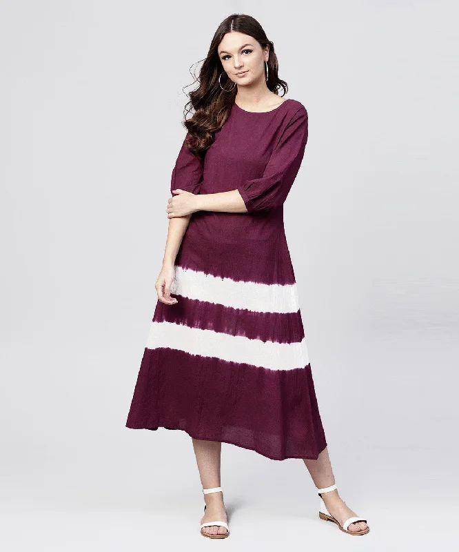 Women's Burgundy Tie And Dye Maxi Dress With Round Neck And 3/4 Sleeves - Nayo Clothing