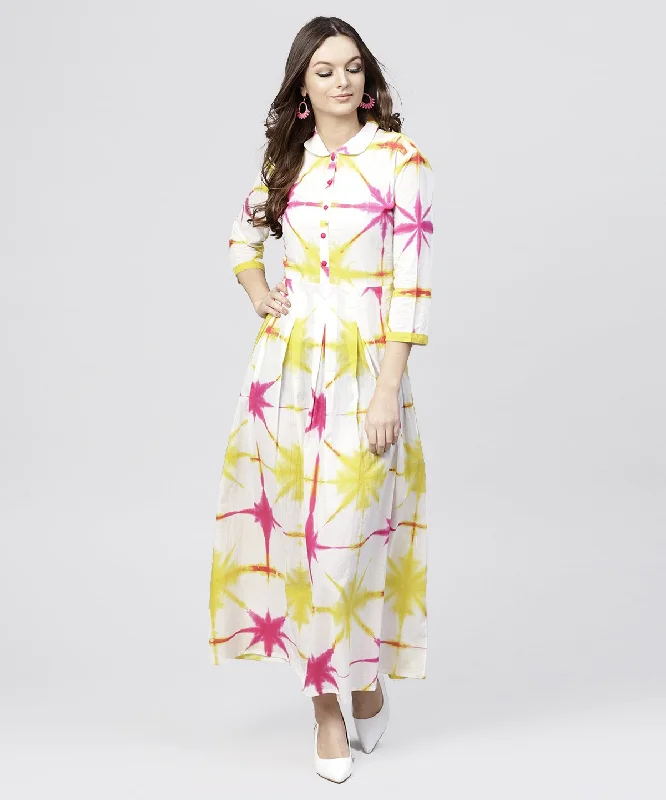 Women's Multi Tie And Dyed Shirt Collar Maxi Dress With Box Pleats And 3/4 Sleeves - Nayo Clothing