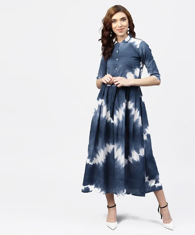 Women's Navy Blue 3/4Th Sleeve Tie Dye Printed Cotton A-Line Maxi Dress With Belt - Nayo Clothing