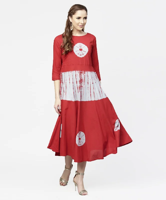 Women's Red Tye Dye 3/4Th Sleeve Cotton Maxi Dress - Nayo Clothing