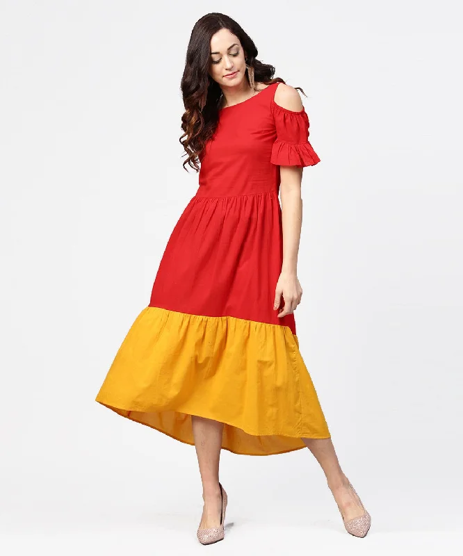 Women's Red & Yellow Short Cold Shoulder Cotton Maxi Dress - Nayo Clothing