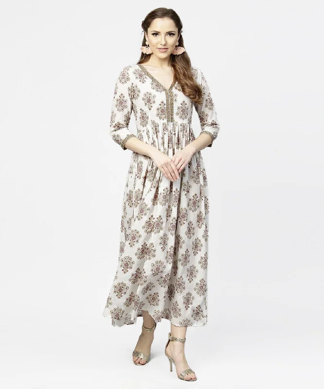 Women's Off White Printed 3/4Th Sleeve Cotton Maxi Dress - Nayo Clothing