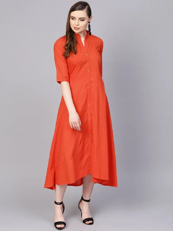 Women's Solid Orange Maxi Dress With Madarin Collar & 3/4 Sleeves - Nayo Clothing