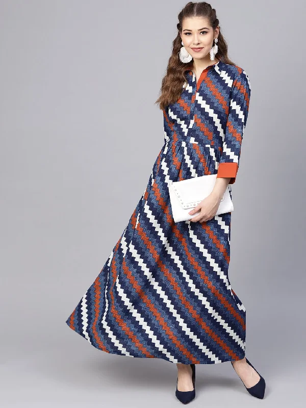 Women's Indigo Blue Geometric Maxi Dress With Shirt Collar & 3/4 Sleeves - Nayo Clothing