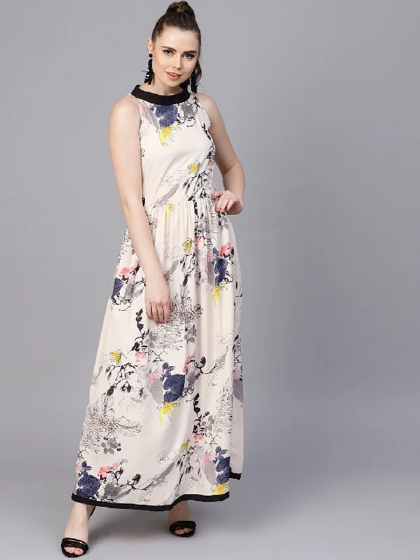 Women's Cream Floral Sleeveless Printed Maxi Dress - Nayo Clothing