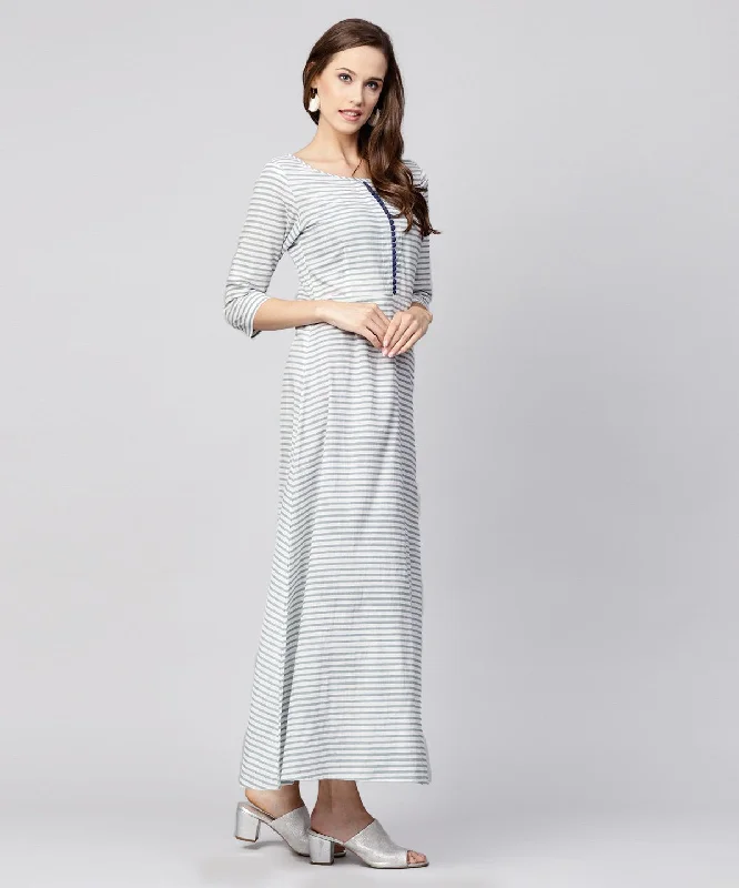 Women's Blue Striped 3/4Th Sleeve Cotton A-Line Maxi Dress - Nayo Clothing