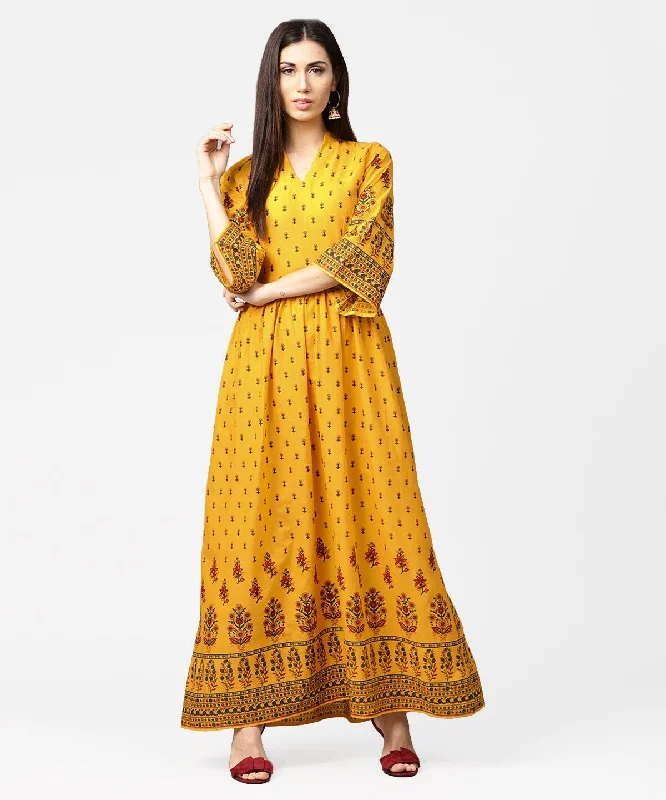 Women's Yellow Printed 3/4Th Flared Sleeve Cotton Maxi Dress - Nayo Clothing