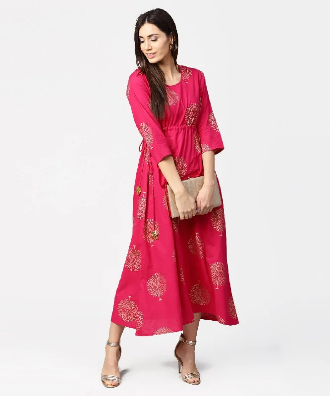 Women's Red 3/4Th Sleeve Cotton Maxi Dress With Elastic At West & Latkan - Nayo Clothing