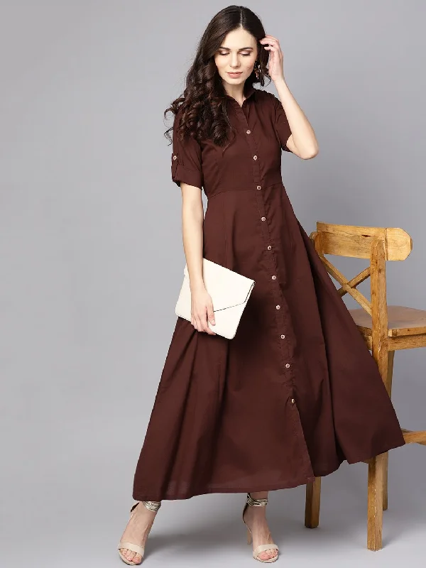 Women's Solid Chocolate Brown Maxi Dress With Shirt Collar & 3/4 Sleeves - Nayo Clothing