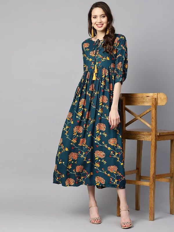 Women's Dark Teal Turquiose Floral Printed Maxi Dress With Key Hole Neckline & 3/4 Sleeves - Nayo Clothing