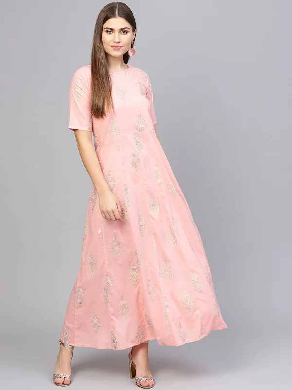 Women's Pink & Golden Printed Maxi Dress - Nayo Clothing