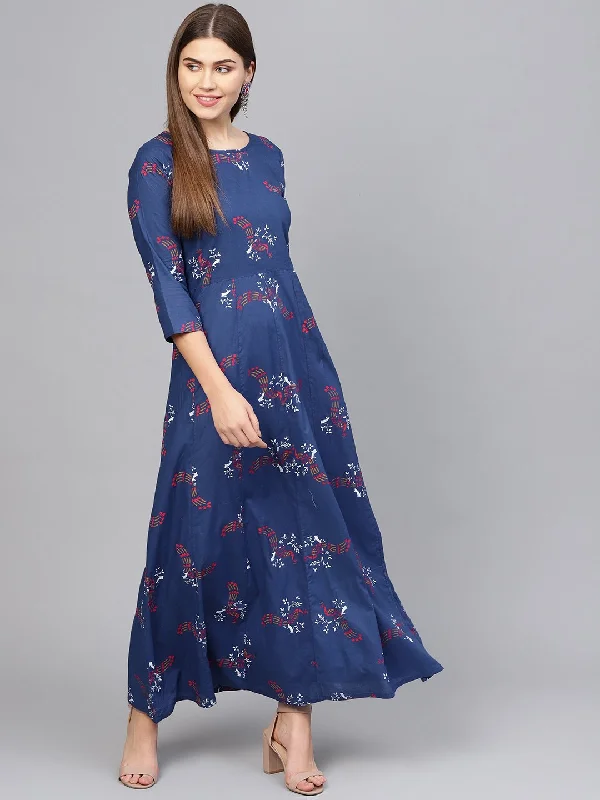 Women's Navy Blue & Pink Printed Maxi Dress - Nayo Clothing