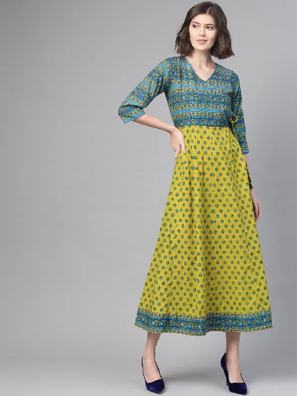 Women's Nayo Green & Blue Ethnic Motifs Printed Maxi Dress - Nayo Clothing