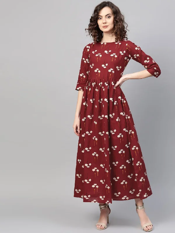 Women's Maroon & White Floral Printed Maxi Dress - Nayo Clothing