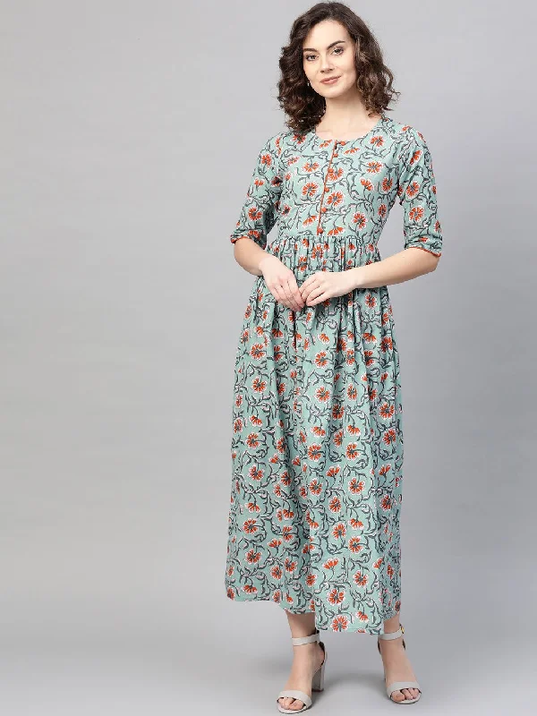 Women's Green & Orange Floral Printed Maxi Dress - Nayo Clothing