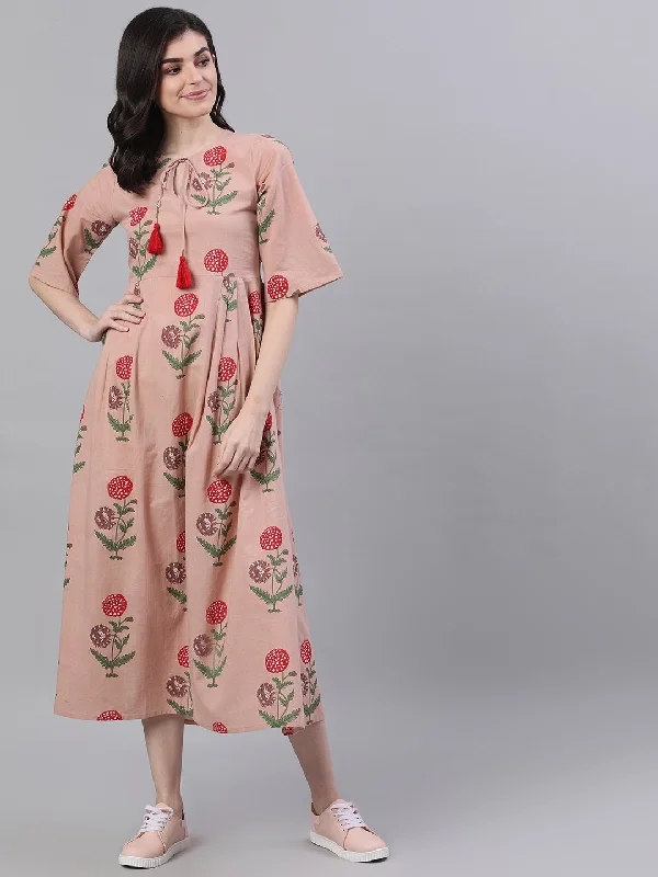 Women's Dusty Pink Floral Printed Tie-Up Neck Cotton Maxi Dress - Nayo Clothing