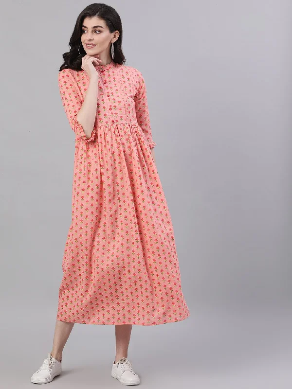 Women's Pink Floral Printed Mandarin Collar Cotton Maxi Dress - Nayo Clothing