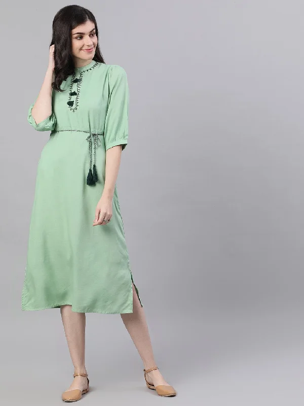 Women's Pastel Green Solid Solid Mandarin Collar Viscose Rayon Maxi Dress - Nayo Clothing