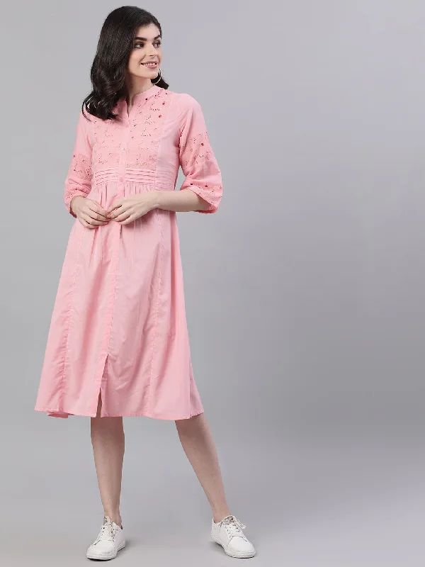 Women's Pink Solid Solid Mandarin Collar Cotton Maxi Dress - Nayo Clothing