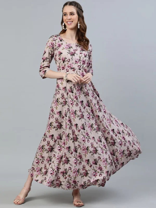 Women's Purple Floral Printed Maxi Dress With Three Quarter Sleeves - Nayo Clothing