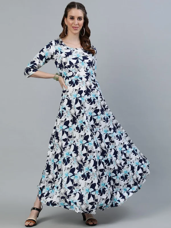 Women's Blue Floral Printed Maxi Dress With Three Quarter Sleeves - Nayo Clothing