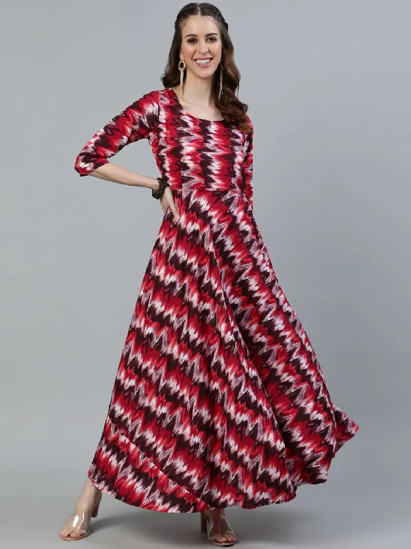 Women's Pink Printed Maxi Dress With Three Quarter Sleeves - Nayo Clothing