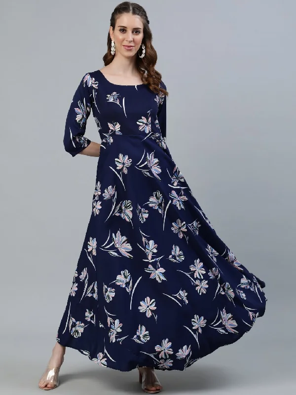 Women's Navy Blue Floral Printed Maxi Dress With Three Quarter Sleeves - Nayo Clothing