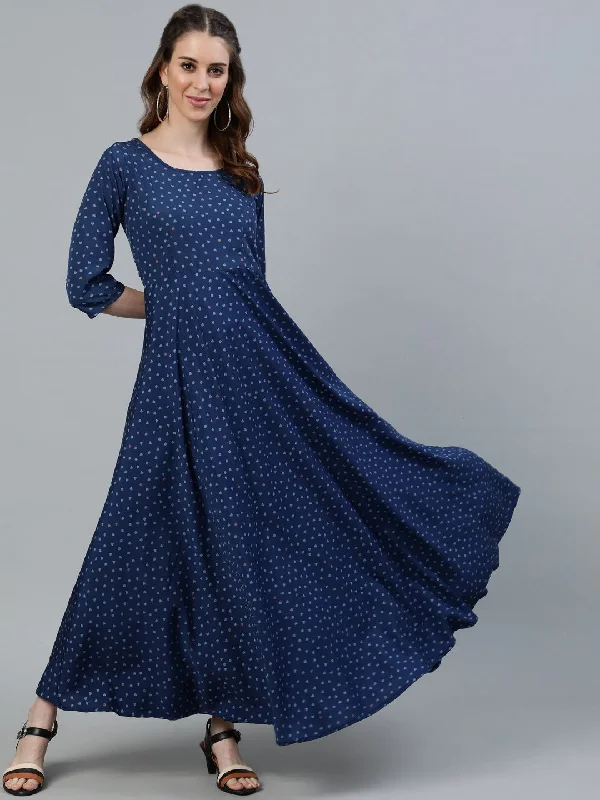 Women's Blue Floral Printed Maxi Dress With Three Quarter Sleeves - Nayo Clothing