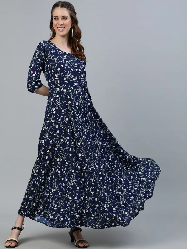 Women's Navy Blue Floral Printed Maxi Dress With Three Quarter Sleeves - Nayo Clothing