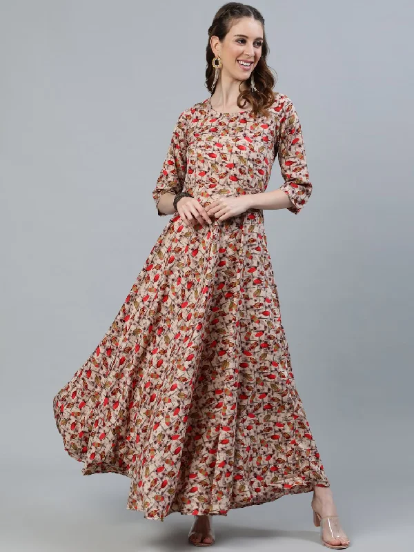 Women's Floral Printed Maxi Dress With Three Quarter Sleeves - Nayo Clothing