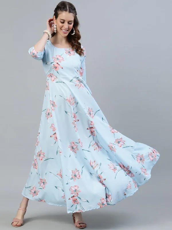 Women's Pastel Blue Floral Printed Maxi Dress With Three Quarter Sleeves - Nayo Clothing