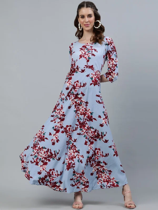 Women's Blue Floral Printed Maxi Dress With Three Quarter Sleeves - Nayo Clothing