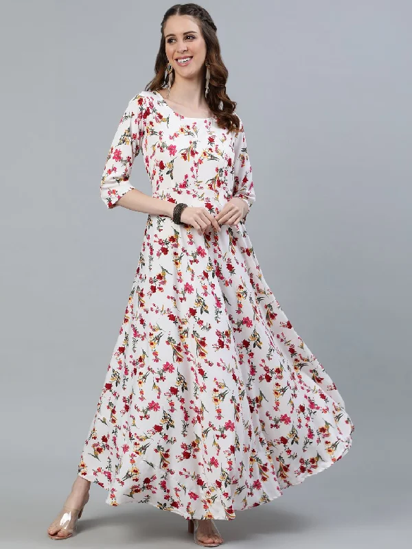 Women's Off-White Floral Printed Maxi Dress With Three Quarter Sleeves - Nayo Clothing