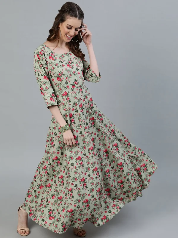 Women's Green Floral Printed Maxi Dress With Three Quarter Sleeves - Nayo Clothing