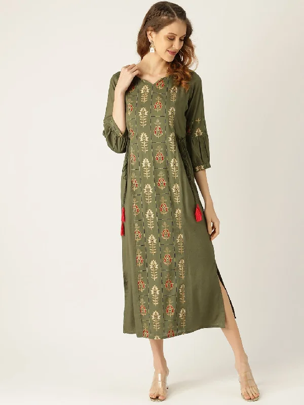 Women's Green Ethnic Motifs Printed V-Neck Viscose Rayon Maxi Dress - Nayo Clothing