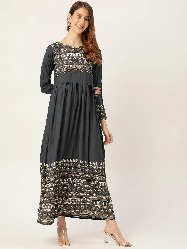 Women's Grey Self Design Self Design Round Neck Viscose Rayon Maxi Dress - Nayo Clothing