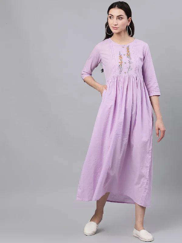 Women's Lavender Solid Solid Round Neck Cotton Maxi Dress - Nayo Clothing