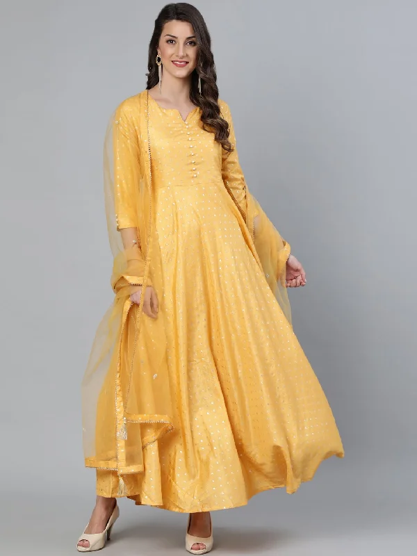 Women's Mustard Foil Printed Maxi Dress With Embroidered Net Dupatta - Nayo Clothing