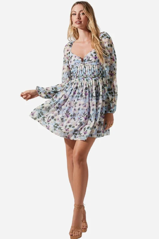 ASTR The Label Carina Floral Open Back Long-Sleeve Mini Dress in Blue Multi