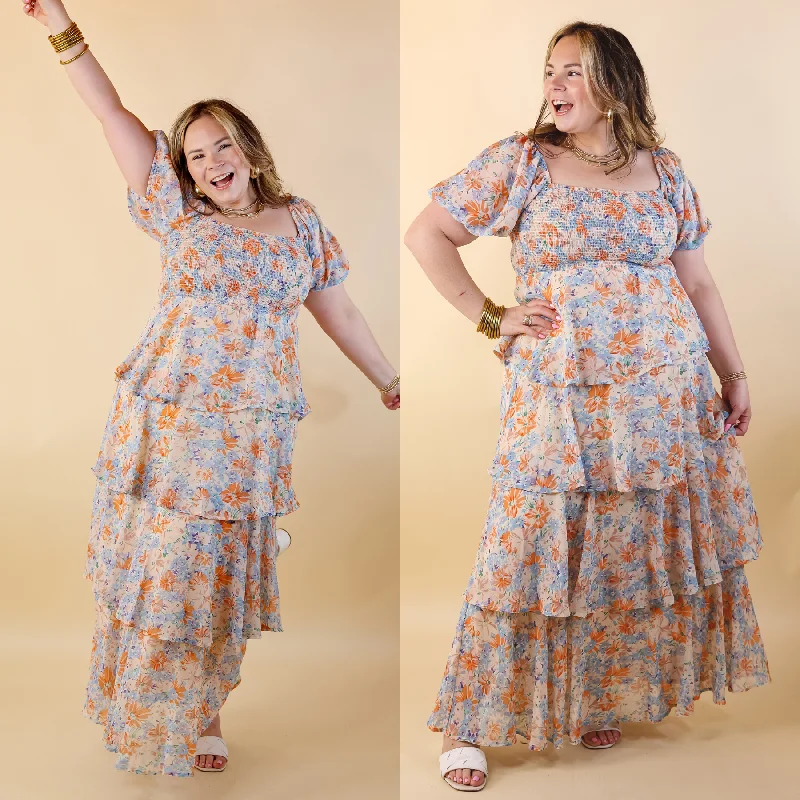 Fun Feeling Floral Tiered Maxi Dress with Smocked Balloon Sleeves in Orange Mix