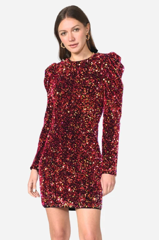 Adelyn Rae Gale Velvet Sequins Puff Sleeve Mini Dress in Raspberry Punch