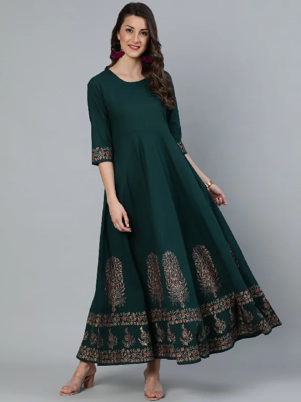 Women's Green & Gold Block Printed Maxi Dress With Three Quarter Sleeves - Nayo Clothing